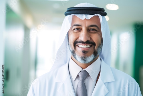 Close up portrait of a smiling senior adult arabian doctor, standing in the hospital corridor in blur photo
