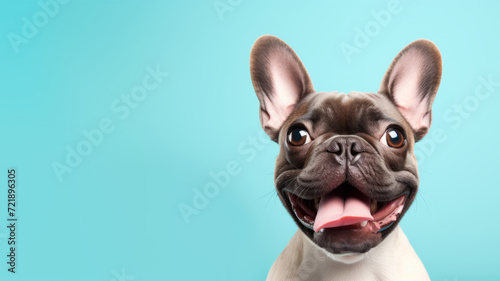 Close up of a cute happy playful pug dog, on a turquoise background with copy space