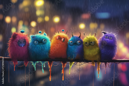 A group of cute colorful alien monsters stuck together under the heavy rain in the city. A rainy night with fog
