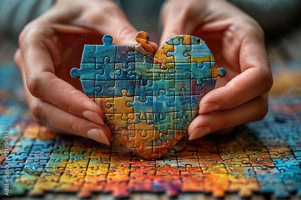 Close-up of hands assembling a heart-shaped jigsaw puzzle Close-up of hands assembling a heart-shaped jigsaw puzzle