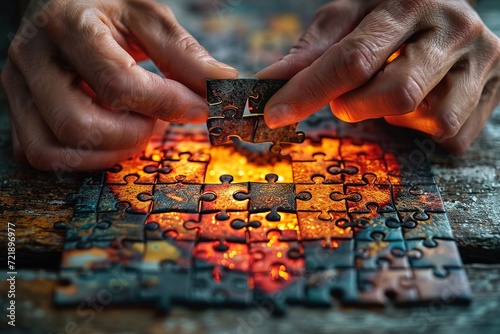 Close-up of hands assembling a heart-shaped jigsaw puzzle