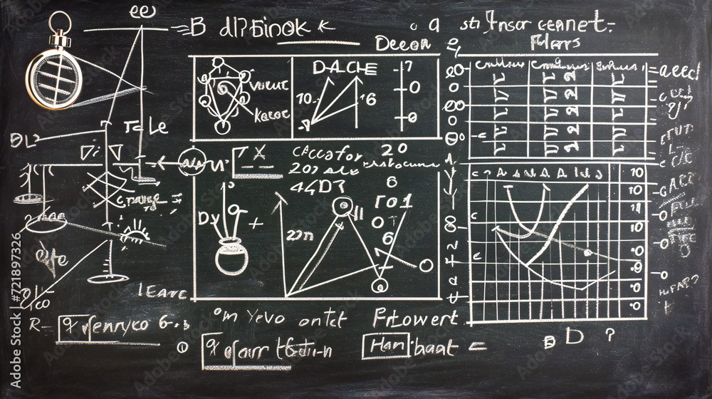 Educational Science Formulas on Blackboard, Mathematics and Physics Concepts in Classroom