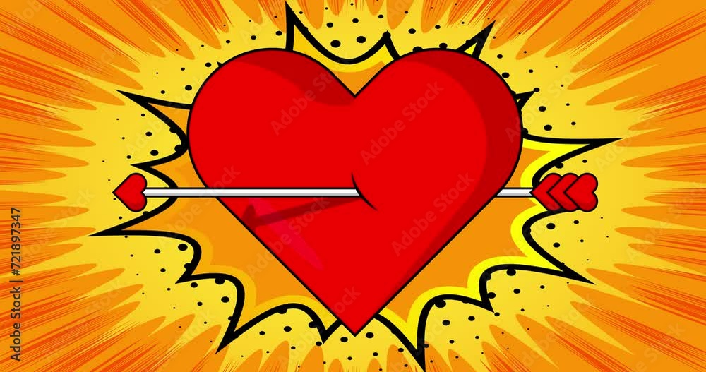 Cartoon Arrow Heart, comic book Valentine's Day Symbol video. Retro comics pop art design animation.