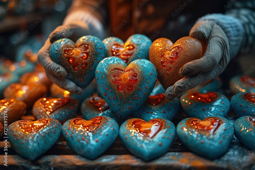 Fototapeta premium Close-up of hands crafting personalized heart-shaped polymer clay trinkets