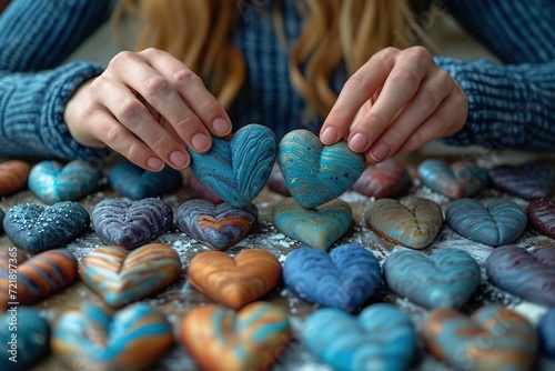 Close-up of hands crafting personalized heart-shaped polymer clay trinkets photo