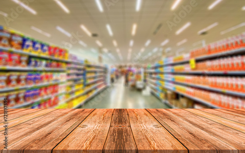 Empty wooden table in front of abstract blurred background of shopping mall . wood table in front can be used for display or montage your products.Mock up for display of product 