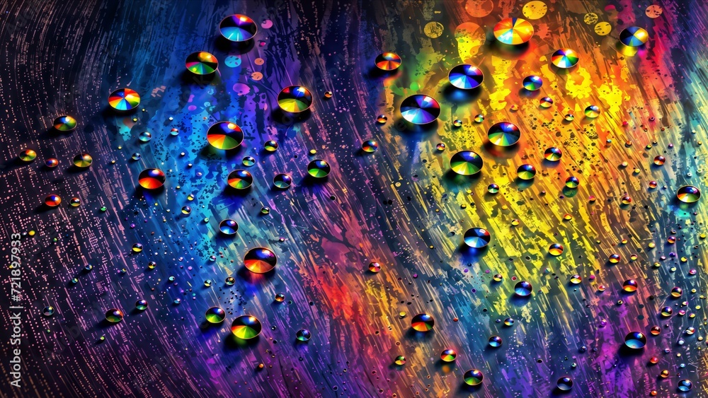 Raindrops create a radiant rainbow pattern on a lively and colorful surface.