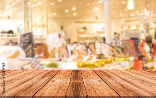 Empty wooden table over blur store background, product and food display montage background , White table presentation, desk and blur background, Empty wood counter, shelf surface over blur restaurant 