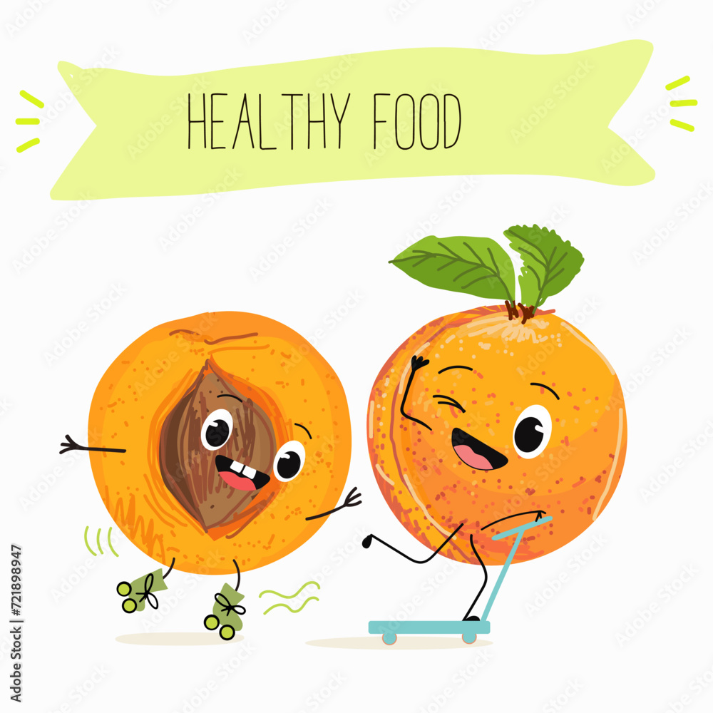 Cute cartoon apricot, peach characters with different activities. Flat vector illustration, funny fruits. Organic food. Cute cartoon apricot, peach characters with different activities. Flat vector illustration, funny fruits. Organic food.