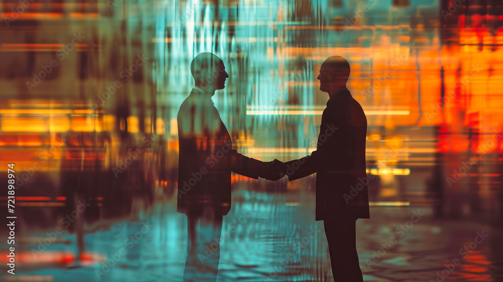 Two People Shaking Hands in the Rain Painting - Businessmen Seal a Deal in a Modern City. Silhouettes of people on an abstract city background. Modern business.