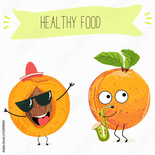 Cute  cartoon apricot, peach characters with different activities. Flat vector illustration, funny fruits. Organic food.