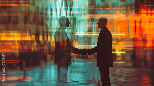 Two People Shaking Hands in the Rain Painting - Businessmen Seal a Deal in a Modern City. Silhouettes of people on an abstract city background. Modern business.