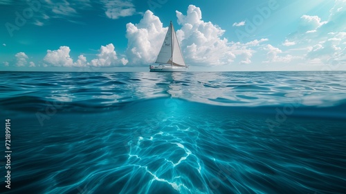 Sailing boat seen on the ocean horizon.
