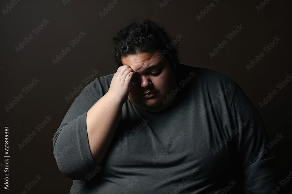 Portrait of a young man suffering from a headache on dark background. Overweight and obesity concept. Obesity Concept with Copy Space.