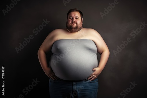 Fat man with overweight on dark background. Overweight and obesity concept. The concept of obesity. Obesity Concept with Copy Space.