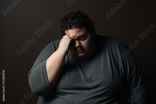 Portrait of a young man suffering from a headache on dark background. Overweight and obesity concept. Obesity Concept with Copy Space.
