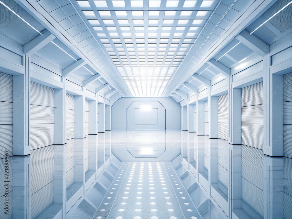 Fototapeta premium White Futuristic Interior with Glass Architecture and Digital Design in a Metal Tunnel with Technology Lighting