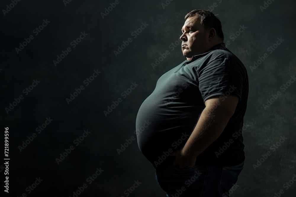 Fat man in black t-shirt and jeans on a dark background. The concept of obesity. Obesity Concept with Copy Space.