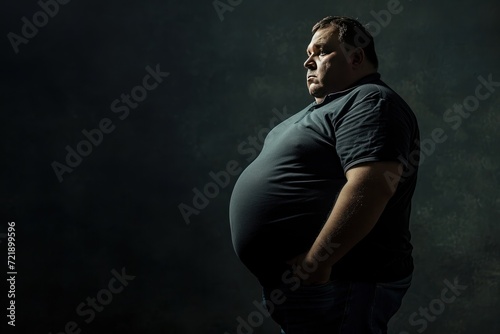 Fat man in black t-shirt and jeans on a dark background. The concept of obesity. Obesity Concept with Copy Space. © John Martin