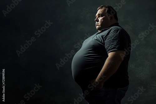 Fat man in black t-shirt and jeans on a dark background. The concept of obesity. Obesity Concept with Copy Space.