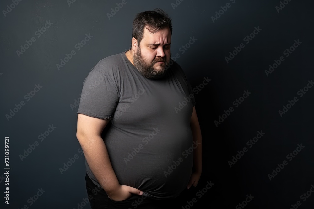 Fat man suffering from stomach ache, studio shot on black background. Overweight and obesity concept. Obesity Concept with Copy Space.