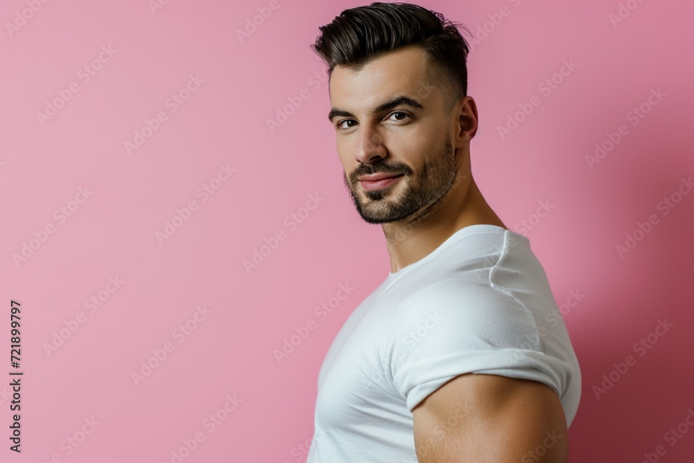 Handsome Caucasian muscled bearded bodybuilder man posing against pink background with copy space Handsome Caucasian muscled bearded bodybuilder man posing against pink background with copy space