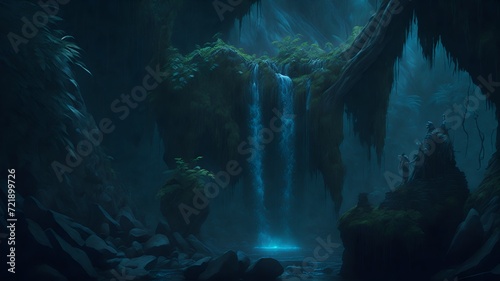n the heart of a bioluminescent rainforest, amidst enchanting waterfalls and the creatures of the night, lies a mesmerizing scene of ancient ruins. This exquisitely crafted 4k fantasy jungle art
