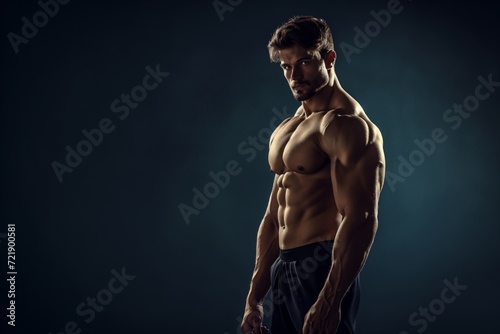 Handsome Caucasian muscled bearded bodybuilder man posing against black background with copy space