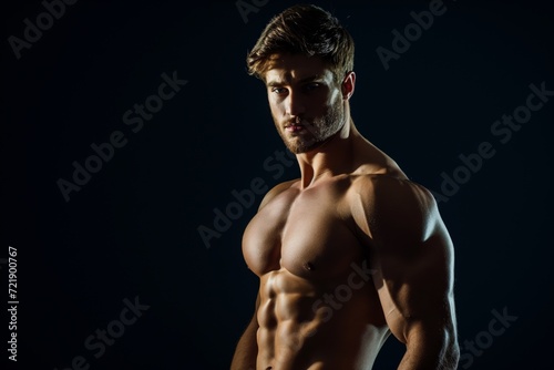 Handsome Caucasian muscled bearded bodybuilder man posing against black background with copy space