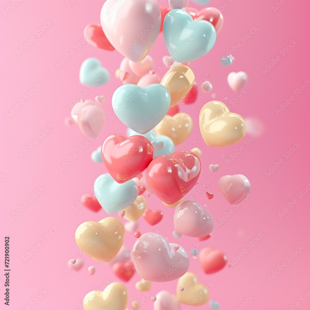 Tiny cute isometric Adorable illustrations of cute Cascading hearts falling like rain in different colors and sizes, 3d icon clay render, blender 3d, pastel background