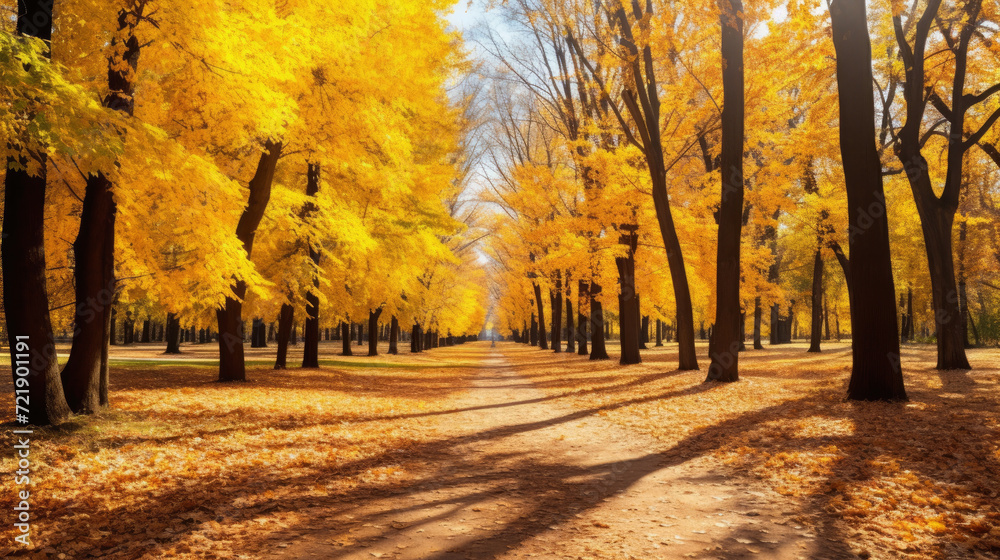 The vibrant colors of fall come alive in this scenic forest landscape, featuring a rich canopy of yellow leaves and serene nature.