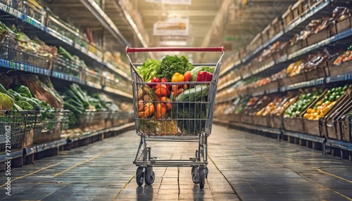 Shopping trolley cart against modern supermarket aisle blurred background photo