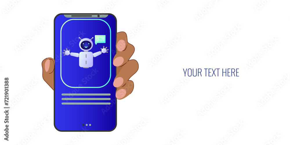 Chatbot assistant form robot with ai 3d. Cute friendly bot neural network. Hand holding the phone. Website design of social networking applications. Vector illustration. Chatbot assistant form robot with ai 3d. Cute friendly bot neural network. Hand holding the phone. Website design of social networking applications. Vector illustration.