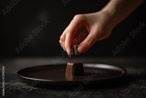 A close-up of a hand carefully picking a piece of fine chocolate from a curated selection on an elegant dark plate, highlighting a moment of indulgence.