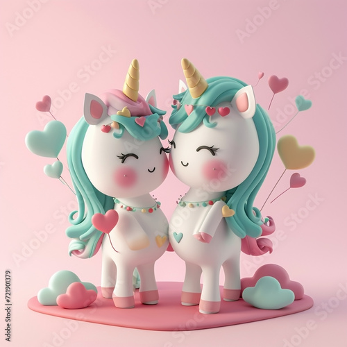 Tiny cute isometric Adorable illustrations of 2 cute unicorns with love-themed decorations, love element, soft lighting, soft pastel colors, 3d icon clay render, blender 3d, pastel background