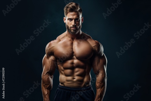 Handsome Caucasian muscled bearded bodybuilder man posing against black background