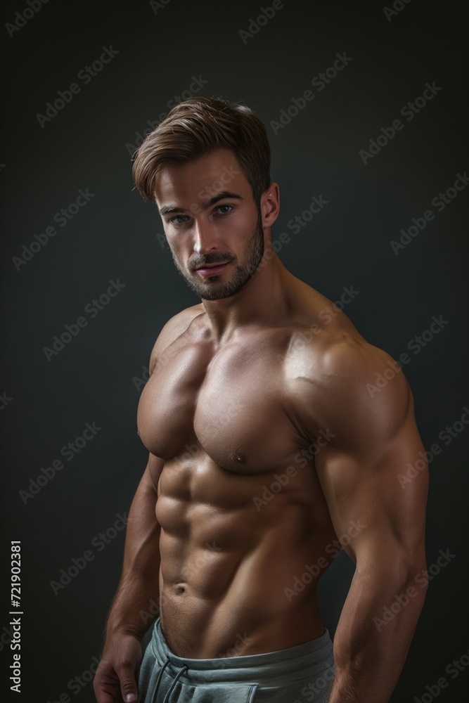 Fototapeta premium Handsome Caucasian muscled bearded bodybuilder man posing against black background