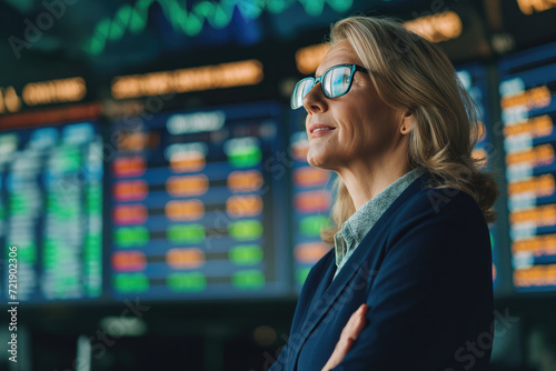 Professional middle aged businesswoman in suit in stock market screens