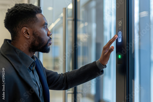 African man uses a finger scanner to unlock a glass door in an office building