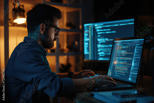 Programmer and coding at night on laptop mockup screen for networking, malware or software at the office © ty