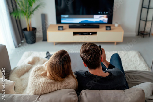 couple is laying on a sofa, using mobile phone, and is watching tv