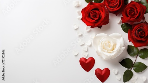 Red heart white rose and Valentine s Day greeting card  white background. Generative Ai