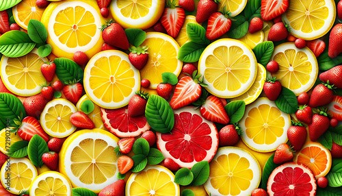 Wallpaper of lemon  strawberry  and leaves.