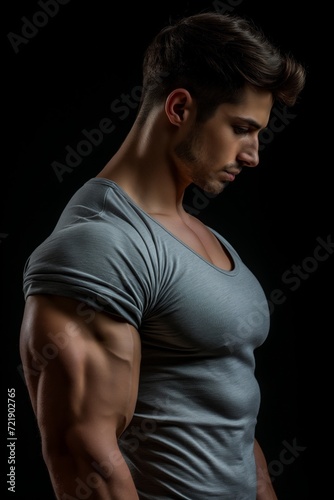 Handsome Caucasian muscled bearded bodybuilder man posing against black background