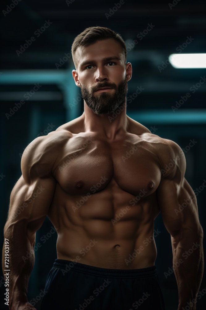 Handsome Caucasian muscled bearded bodybuilder man posing against black background Handsome Caucasian muscled bearded bodybuilder man posing against black background