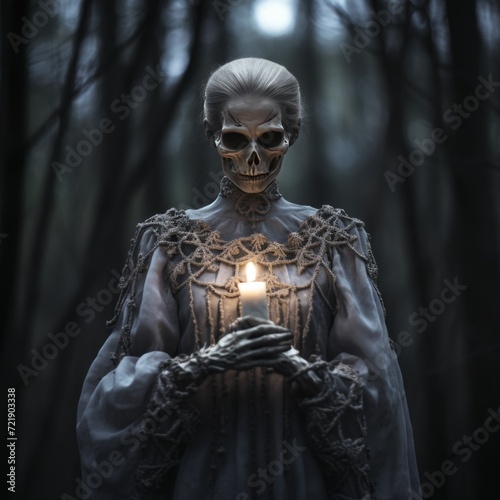  Mysterious skeleton woman in the forest with a candle in her hands
