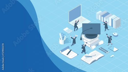 isometric illustration set,online Certificate of Degree ,Diploma elements with people