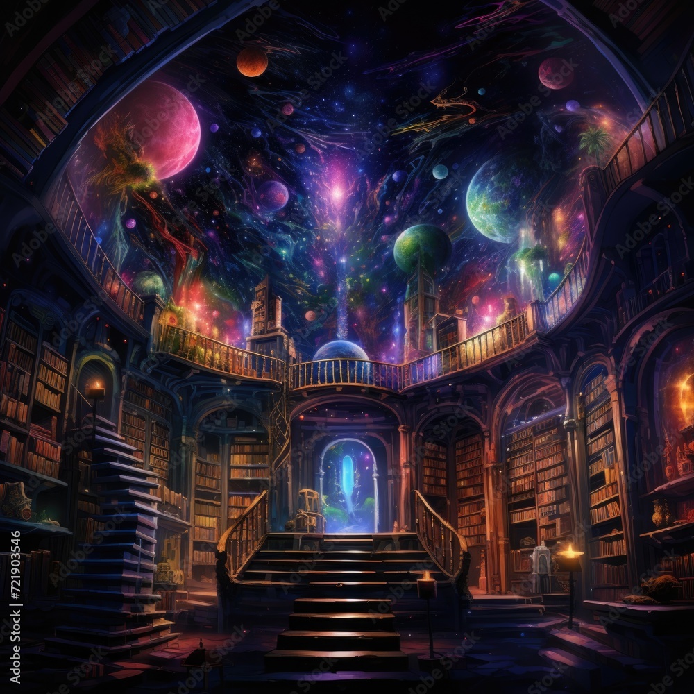 Neon Colorful Magical Library in Space