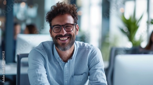 Portrait of Enthusiastic white man Working on Computer in a Modern Bright Office. Confident Human Resources Agent Smiling Happily While Collaborating Online with Colleagues  photo