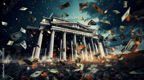 The concept of exchange in financial markets is the collapse of the financial system of capitalism. collapse of a financial pyramid, dollars are burning in the dark. photo